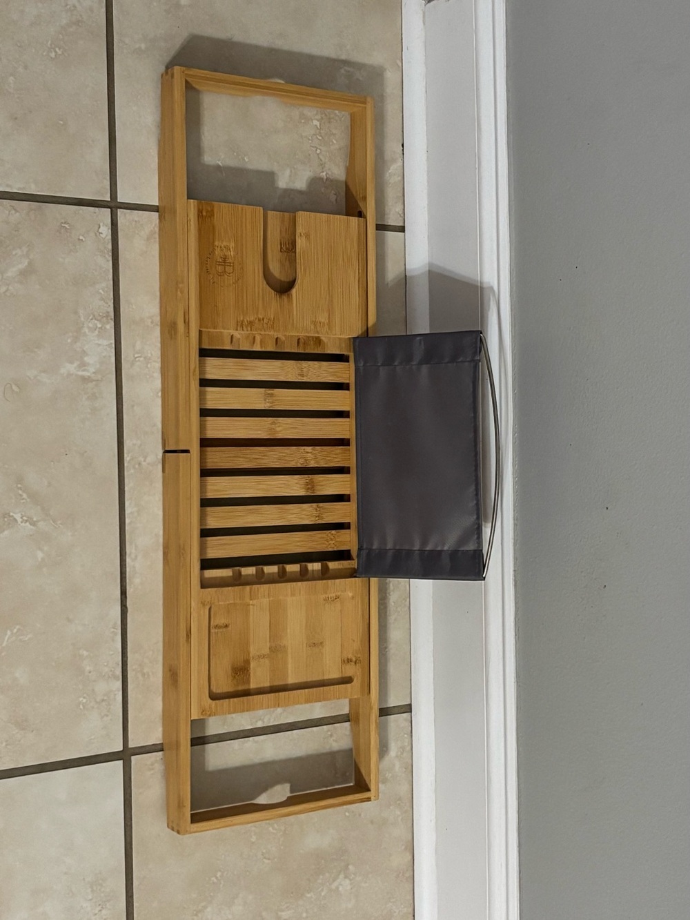 Bamboo Bath Tub Caddy Tray with Grey Storage Pouch see picture details.